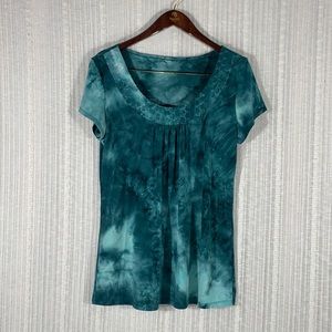 Vintage 80s Green Tie Dye Tunic Top Boho Embroidered Neck Pleated Scoop Neck L